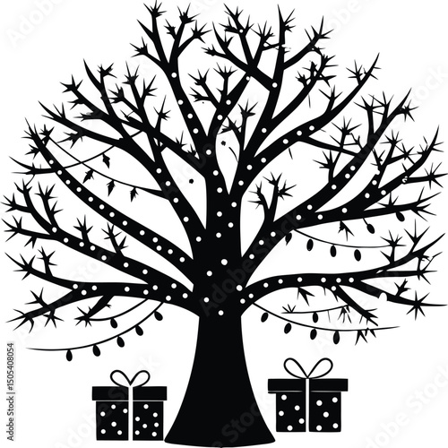 Tree Decorated With String Lights And Presents
