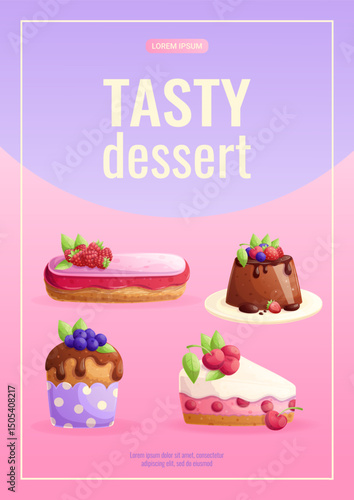 A bright design template for a delicious dessert flyer. Various types of sweet pastries. The concept of confectionery, cooking, sweets. A4 vector illustration for posters, banners and advertisements