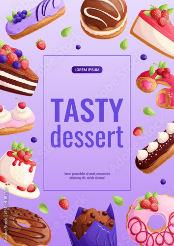 A bright design template for a delicious dessert flyer. Different types of sweets. The concept of confectionery, cooking, sweets. A4 vector illustration for posters, banners and advertisements