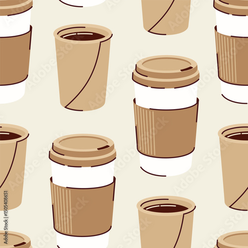 Cute illustrations of coffee in a paper cups, pastel colors, seamless pattern, flat style