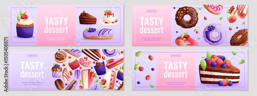 A set of promo banners for a dessert, confectionery, and cooking store. Vector illustration for posters, banners, advertisements, flyers
