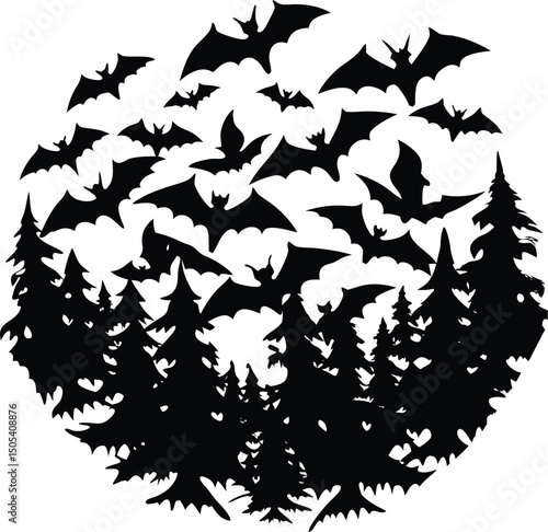 Vampire Bat Swarm Over Dark Forest Silhouette