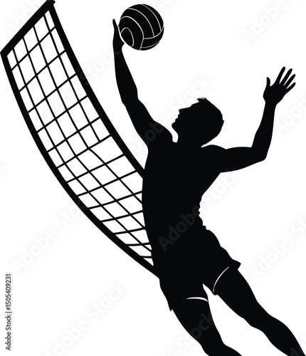 Volleyball Player Spiking Ball Over Net Silhouette