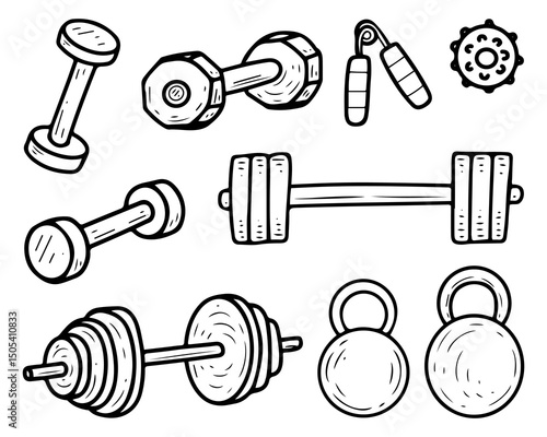 Set dumbbells. Hand drawn doodle illustration. Heavy sports equipment for strength training in gym. Muscle building. Kettlebell, barbell, expander. Active lifestyle. Vector line art collection.
