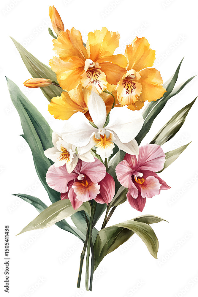Watercolor tropical bouquet with yellow white and pink orchids and green exotic leaves isolated on transparent background Watercolor tropical bouquet with yellow white and pink orchids and green exotic leaves isolated on transparent background