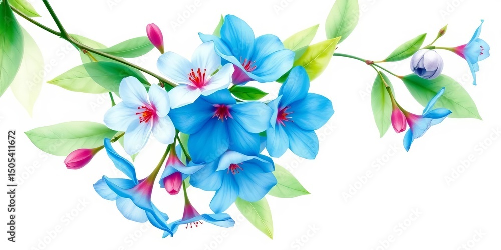 Obraz premium Vibrant blue watercolor bouquet, blossoms, leaves, white background , decoration, paint