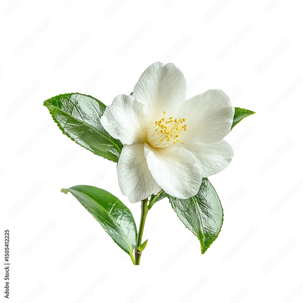 Obraz premium Elegant White Camellia Flower with Green Leaves on Transparent Background