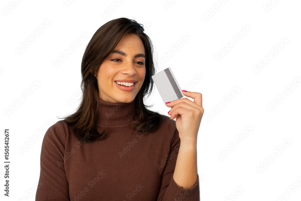 Happy woman showing credit card with transparent background, ideal for finance and shopping-related projects Happy woman showing credit card with transparent background, ideal for finance and shopping-related projects