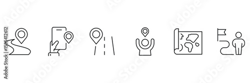 Set of 6 outline icons related to navigation, gps, push, map marker, geolocation, flag, location, route. Location icon set. Map pin line icon set. Vector collection.