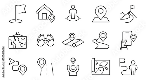 Set of 15 outline icons related to navigation, gps, push pin, map marker, geolocation, flag, positio location, route. Location icon set. Map pin line icon set. Vector collection.