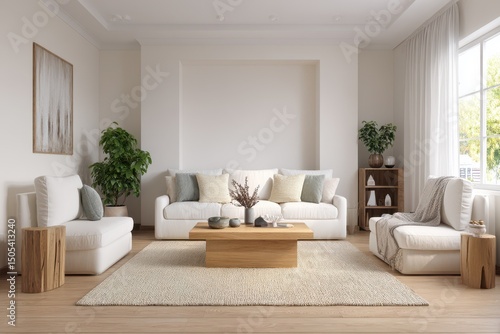 A modern, minimalist living room with white furniture and a light brown rug.