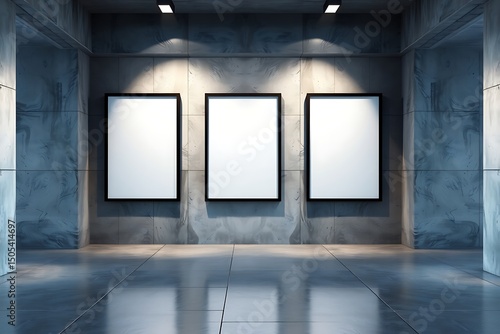 3D rendering, mockup of three blank white posters in black frames on grey wall background in abstract subway with concrete glossy floor.	
