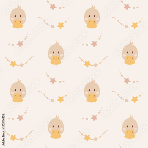 Vector seamless pattern with funny duckling muzzles. Cute cartoon heads of duck birds and toys wallpaper. Texture for kids textile. Repeat ornament for children in a flat style.