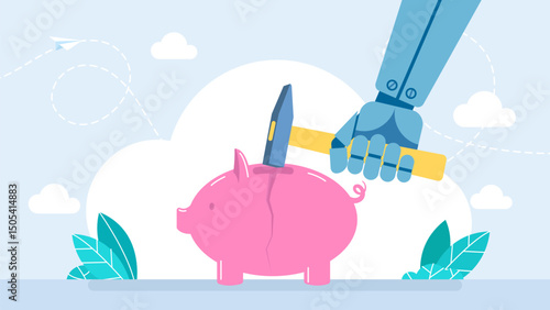 Hammer in robot arm hit big piggy bank. Cracked piggy bank, coins scattered around. Financial problem, bankruptcy. Wrong mapping algorithm. AI bot replace human. Vector illustration