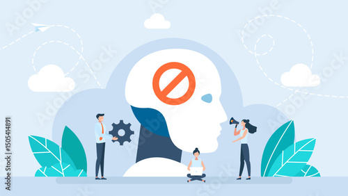 No AI. Machine learning prohibited symbol. Artificial intelligence prohibited sign. Prohibited AI concept featuring humanoid robot head on screen with red forbidden sign overlay. Vector illustration