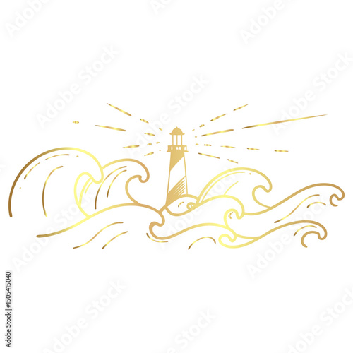 vector illustration of gold abstract waves with a lighthouse with vector design and illustration