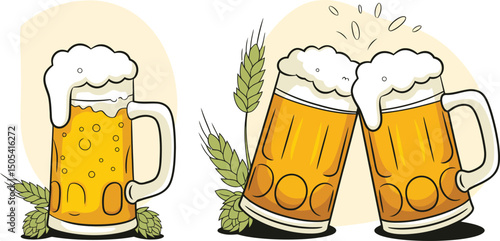 Clinking glass mugs full of beer with froth for festive invites