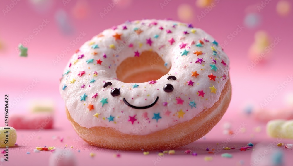 Smiling Donut With Star Sprinkles on Pink Background, Representing Sweetness and Celebration for Food Industry Marketing : Generative AI Smiling Donut With Star Sprinkles on Pink Background, Representing Sweetness and Celebration for Food Industry Marketing : Generative AI