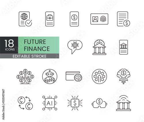 Future finance icons with editable stroke representing AI-powered banking digital assets metaverse finance smart contracts identity verification