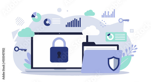 Data Security: Protecting Digital Information.A laptop with a padlock, a shielded folder, keys, and various icons symbolize secure data storage, access, and overall cybersecurity