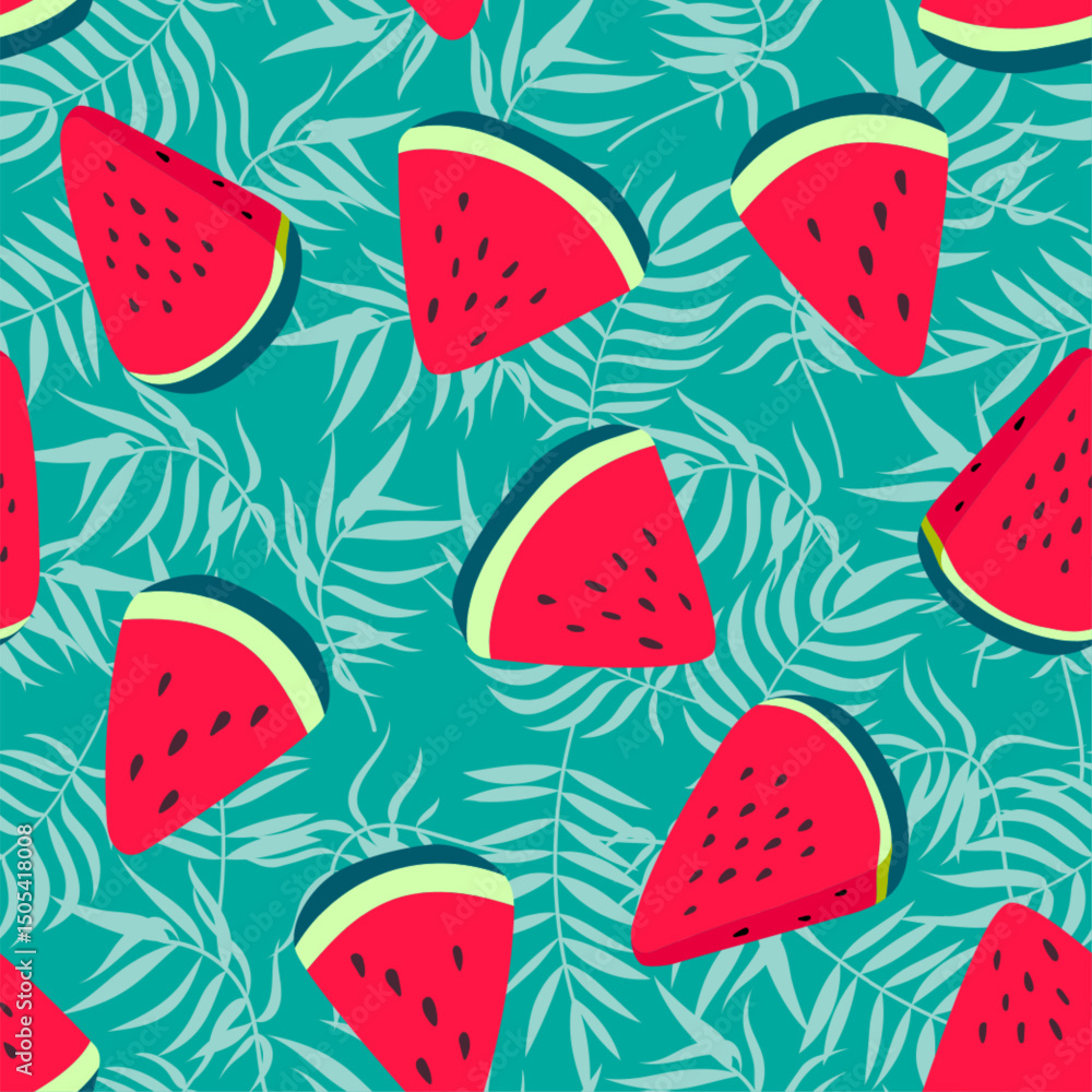Vector watermelon hand drawn seamless pattern. Summer fruits and palm leaves print. Watermelon red triangle slices, palm leaf repeat texture on green background for fabric, textile, tropical decor. Vector watermelon hand drawn seamless pattern. Summer fruits and palm leaves print. Watermelon red triangle slices, palm leaf repeat texture on green background for fabric, textile, tropical decor.