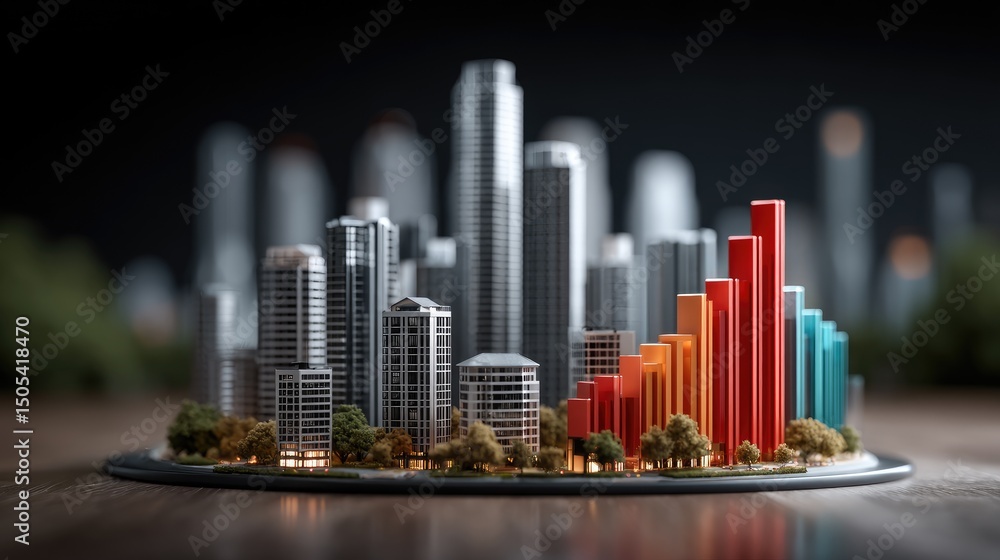 Naklejka premium Cityscape model with growth indicators