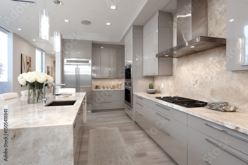 Modern kitchen with light beige granite countertops and gray cabinets.