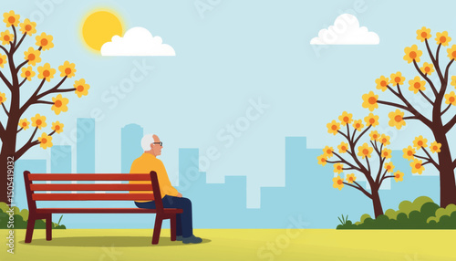 Elderly man enjoying spring sun on park bench, embracing tranquility