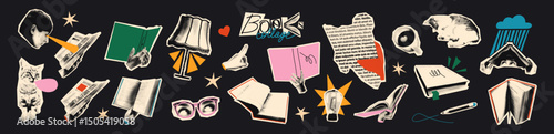 Books halftone art collage cut outs set. Various paper clip art, hands holding reading open books stickers with vintage dot texture and doodles. Modern retro vector illustration for mixed media design
