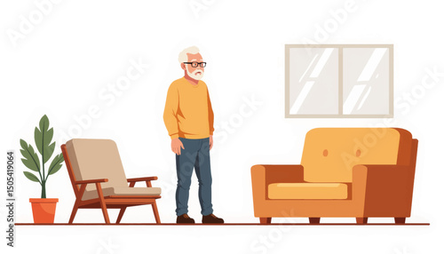 Elderly man looking concerned in minimalist living room, emotional reflection
