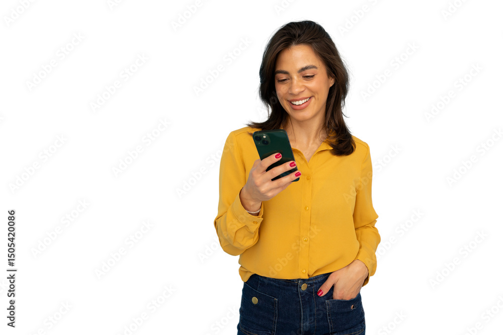 Professional woman smiling, texting on smartphone, representing contemporary workplace communication against clean white backdrop Professional woman smiling, texting on smartphone, representing contemporary workplace communication against clean white backdrop