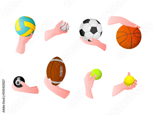 An illustration of hands holding various balls, highlighting sports such as tennis, basketball, football, baseball and more. Each ball represents a unique sport and activity.