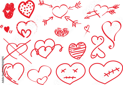 Set of cute hearts hand drawn with a red brush with curved outlines. Polka dot heart, lips, hearts with arrows, infinity heart, stitched heart, crossed out heart, heart with lines