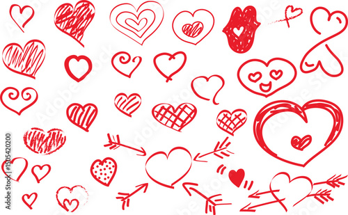 Set of cute hearts hand drawn with a red brush with curved outlines. Heart drawn with marker and drawn with brush, shaded heart, heart in love, hearts with arrows, two hearts infinity, heart in a cage