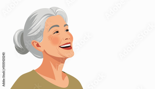 Elderly woman smiling gently, serene illustration on white background