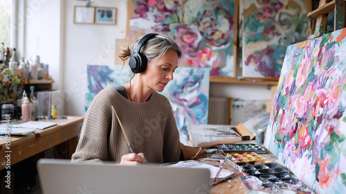 Female artist painting with headphones on
