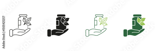 Hand Holding Bottle with Leaf Line and Silhouette Icon Set. Natural Supplements and Organic Vitamins Symbol, Health Products and Wellness. Isolated Vector Illustration