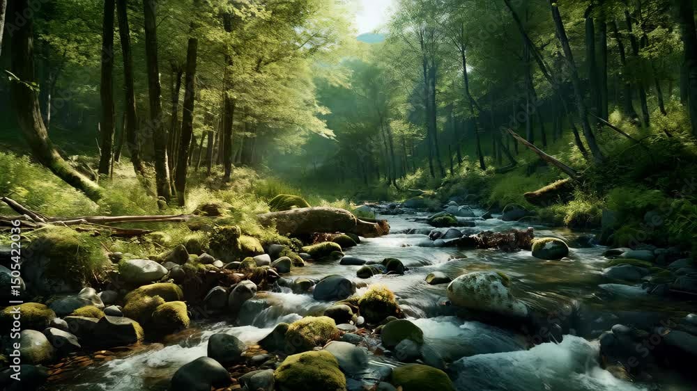 A serene forest landscape with a flowing river, lush greenery, and sunlight filtering through the trees. A serene forest landscape with a flowing river, lush greenery, and sunlight filtering through the trees.