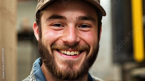 Happy young man smiling in workshop environment with confidence and warmth