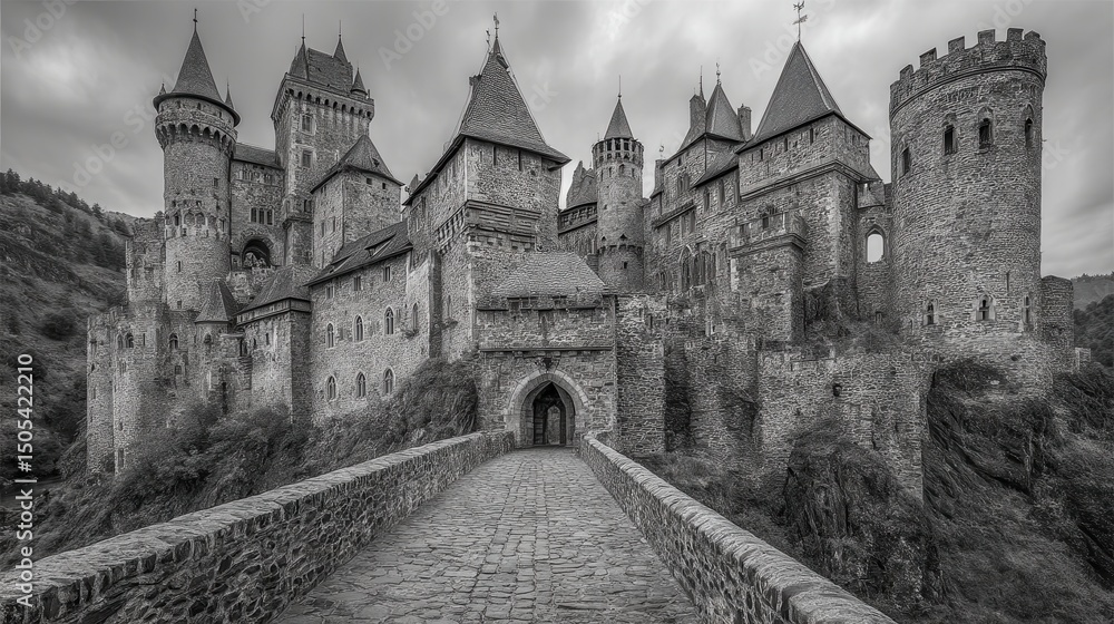 Obraz premium Majestic medieval castle stands proudly on a hill under dramatic skies.
