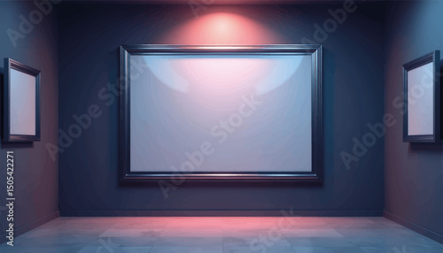 Futuristic NFT artwork frame in virtual gallery, minimalist design