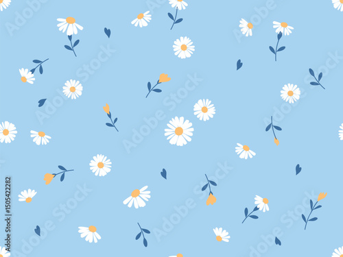 Seamless pattern with daisy chamomile,  yellow flower and flying heart shape leaves on blue background vector.