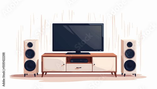 Modern home theater setup with geometric design, minimalist aesthetic