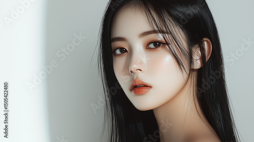 Beautiful Korean woman with long black hair and striking features posing against a minimalist background in soft lighting