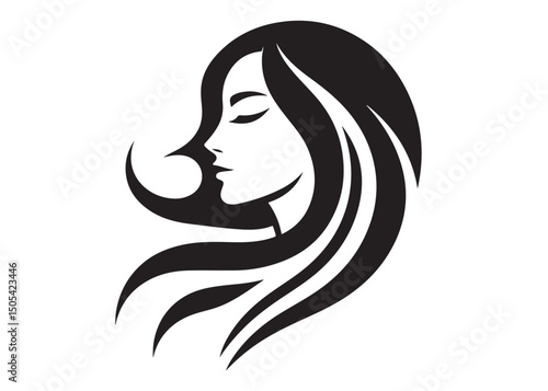 beauty woman face and hair style logo vector, woman face and hair logo icon silhouette, beauty girl face silhouette vector, beauty long hair woman logo silhouette on a white background