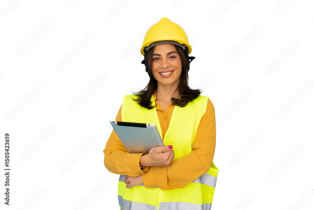 Fototapeta premium Confident female engineer wearing safety helmet and vest, holding digital tablet, isolated on transparent background, representing innovation in construction and engineering