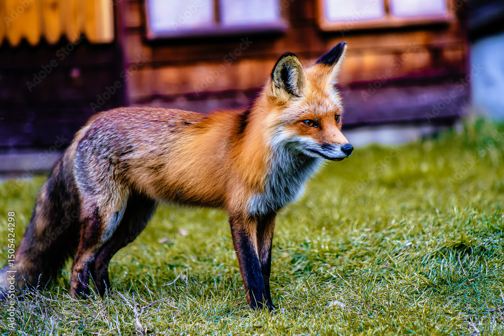 Fototapeta premium Renard s'approchant à proximité des maisons