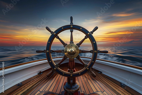 Wallpaper Mural Wooden Ship Steering Wheel Against Sunset Ocean Horizon Digital Illustration Torontodigital.ca