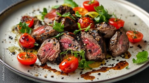 Succulent grilled steak with juicy cherry tomatoes and herbs in elegant culinary presentation