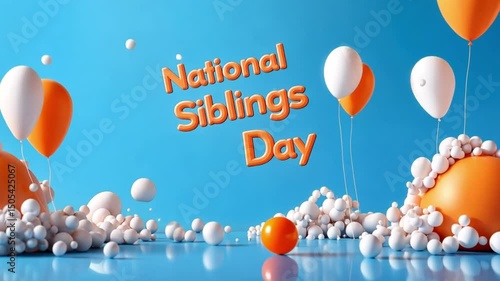 National siblings day celebration with balloons and festive decor on blue background